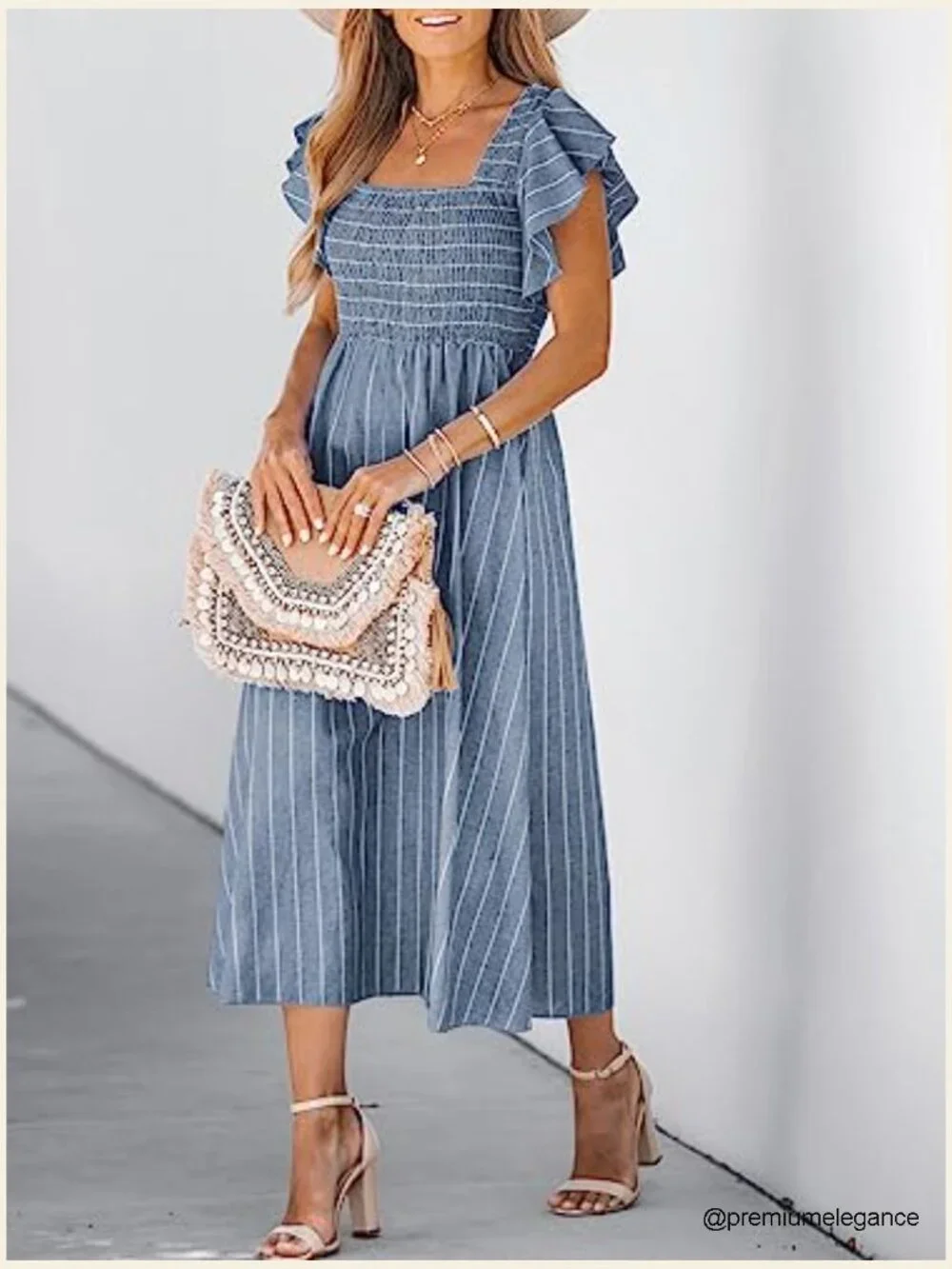 Striped Smocked Maxi Dress with Ruffled Sleeves, Square Neck, A-Line - Picture 2 of 6